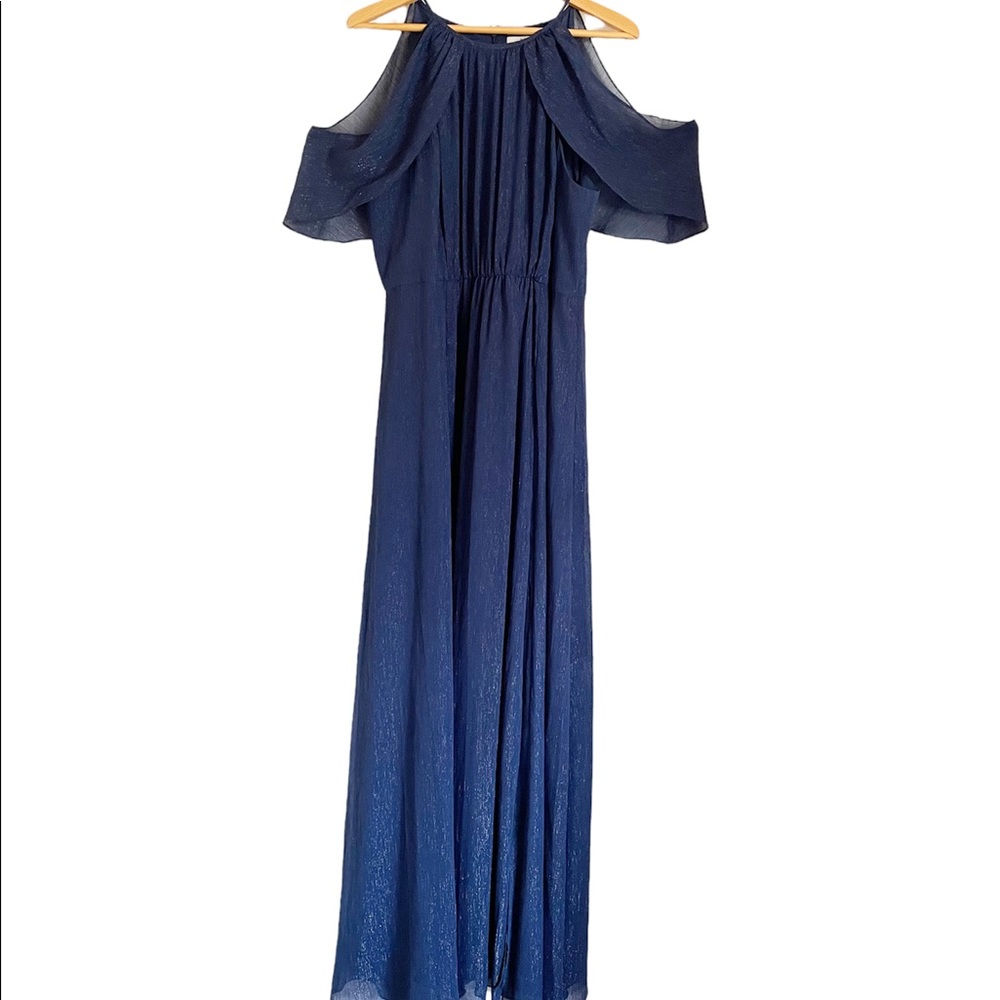H by halston cold shoulder blue metallic bridesmaid formal party evening dress